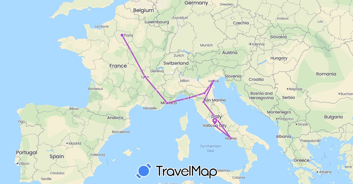 TravelMap itinerary: driving, train in France, Italy (Europe)